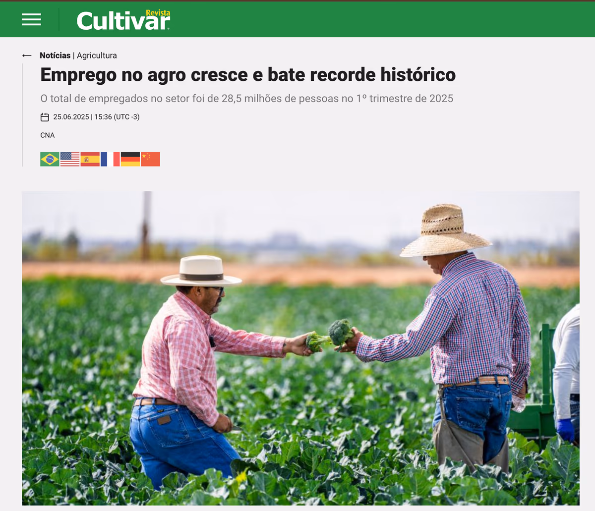 Emprego no agro cresce e bate recorde histórico